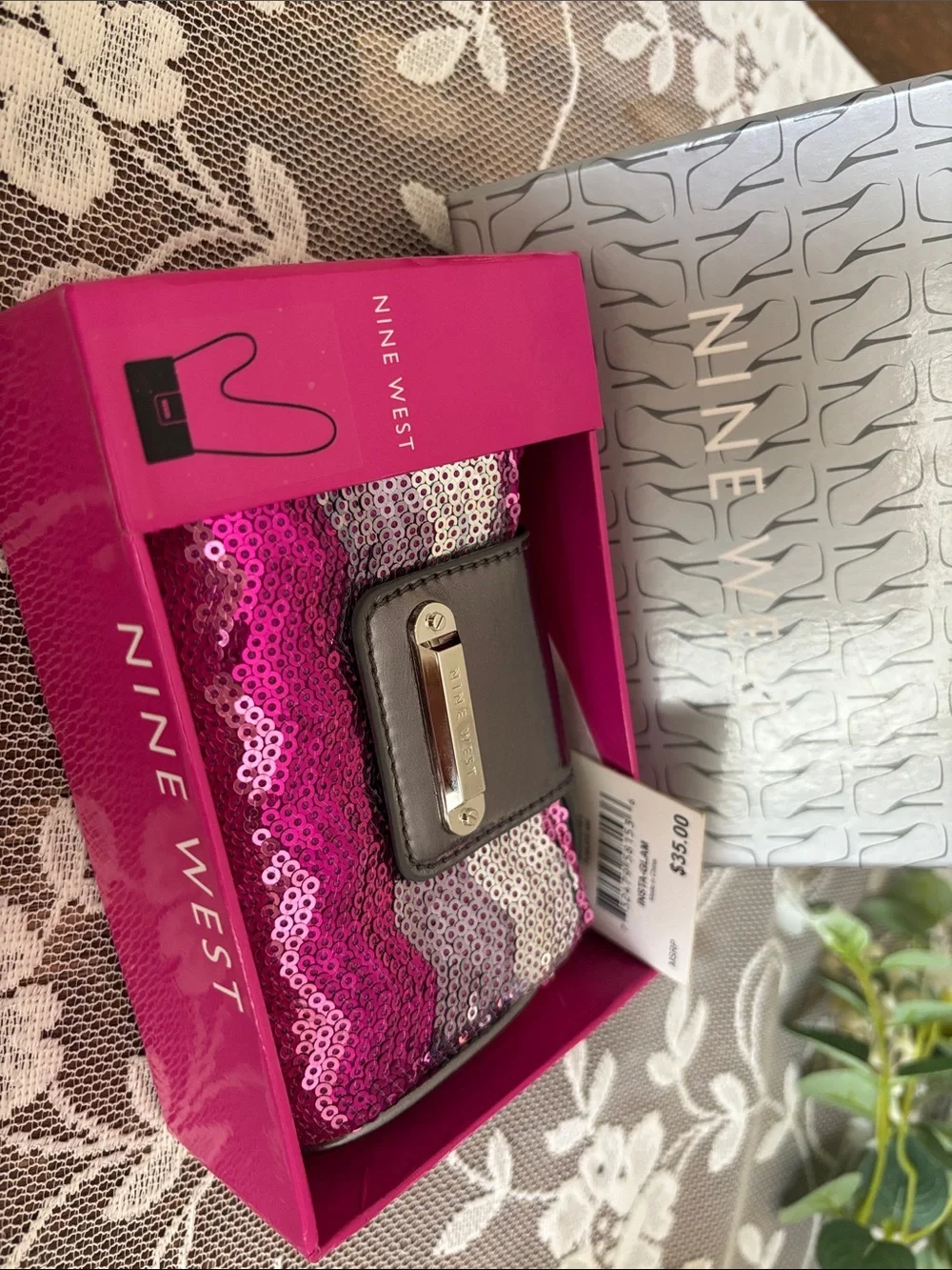 NIB Nine West Pink and Silver Sequin Phone Clutch with Logo Plate. Original box